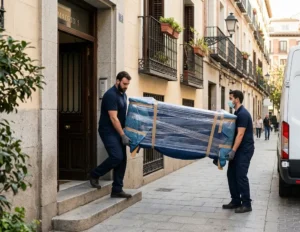Operarios de mudanzas cargando un sofá protegido en una calle del centro de Madrid